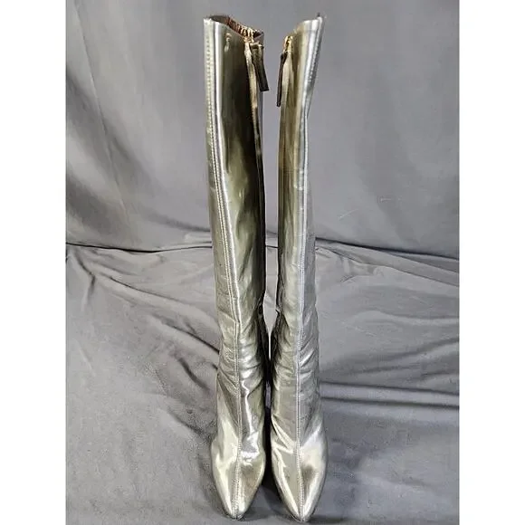 Vintage Giuseppe Zanotti Silver 5' Stiletto Knee High Leather Go-Go Boots 40 - Picture 4 of 9